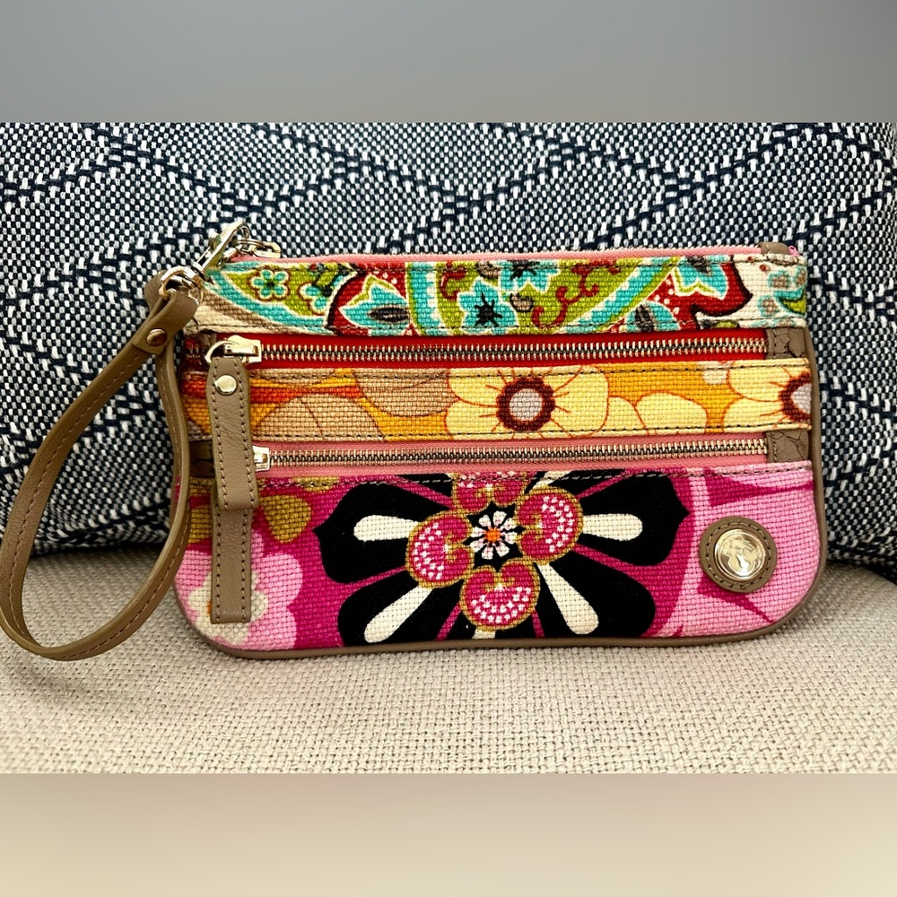 SPARTINA Floral Three Zip Leather Wristlet Pouch Bag Patchwork Linen 5.5x9"